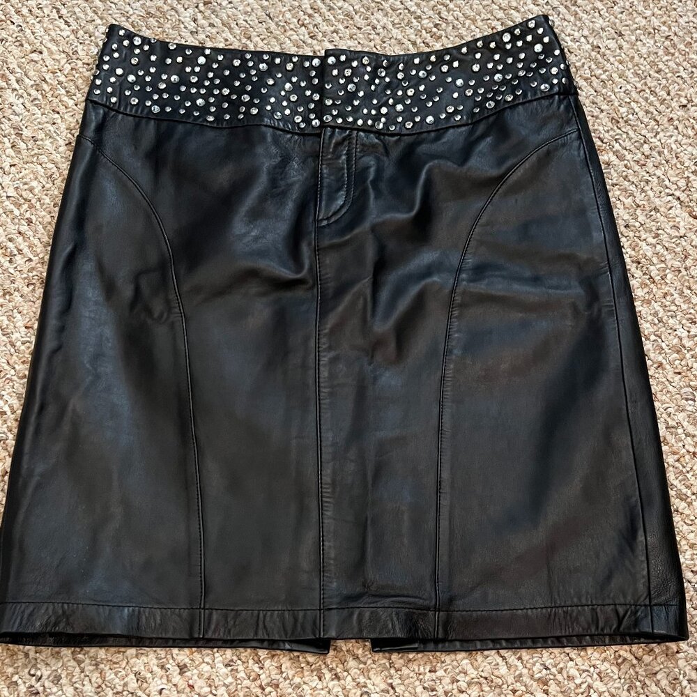 Cache Black Leather Studded Rhinestones Pencil Skirt - Goth Biker Sexy - 8